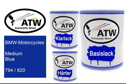 BMW-Motorcycles, Medium Blue, 794 / 820: 1L Lackdose + 1L Klarlack + 500ml Härter - Set, von ATW Autoteile West.